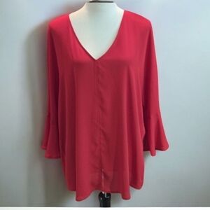 Chaus New York Red V-Neck Top Women's XL Bell Sleeves Lightweight Pullover